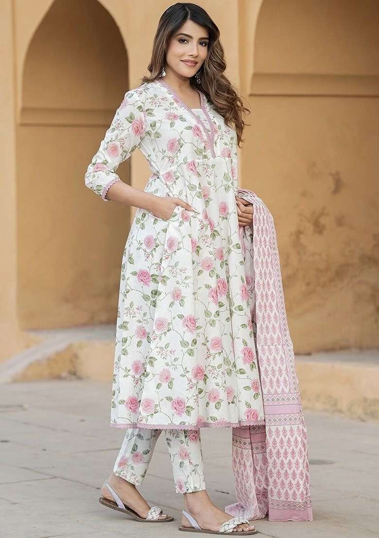 Pink Chanderi Cotton Embroidered Kurta Set - Indya