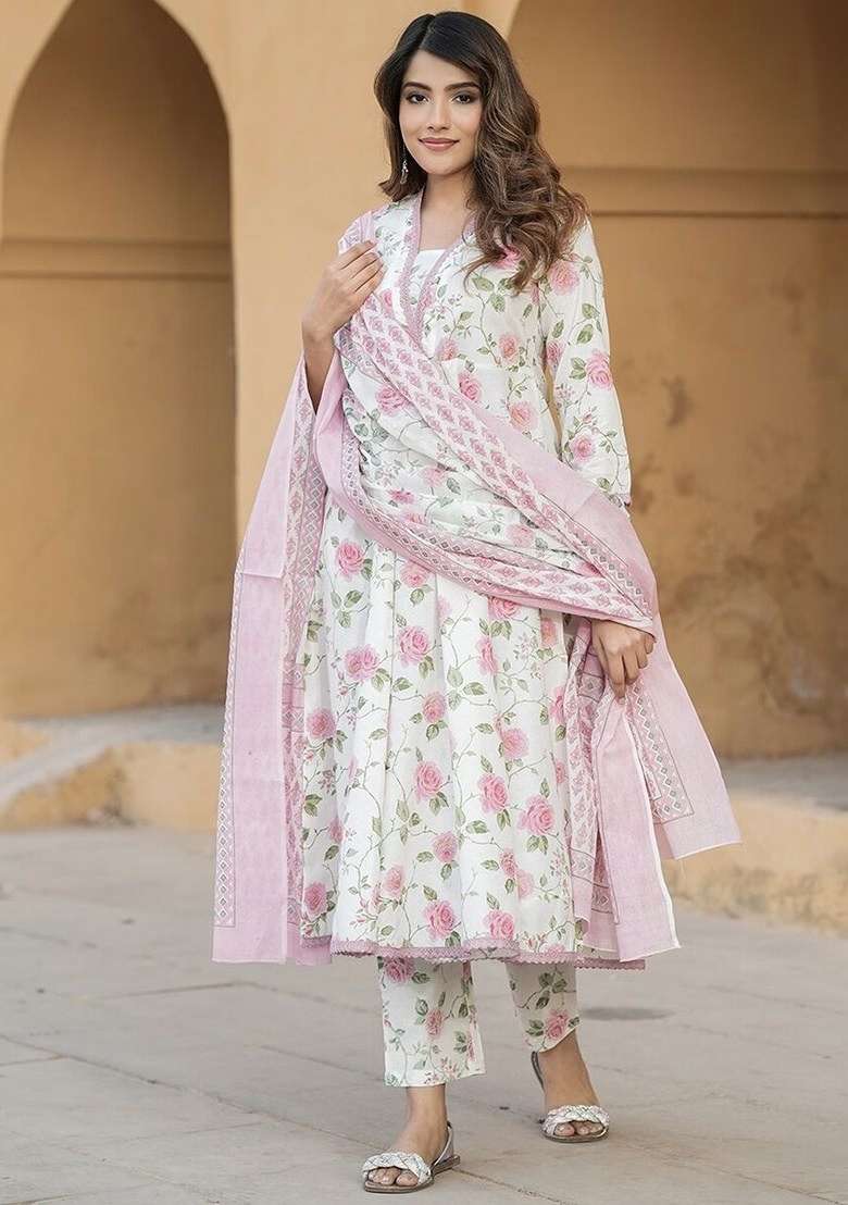 Pink Chanderi Cotton Embroidered Kurta Set - Indya