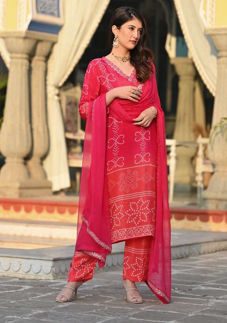 Peach Bandhani Chinon Straight Kurta Set - Indya