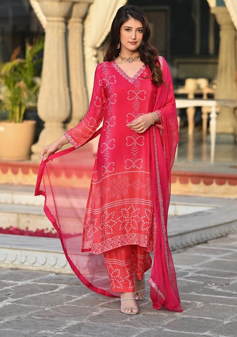 Peach Chinon Embroidered Kurta Set