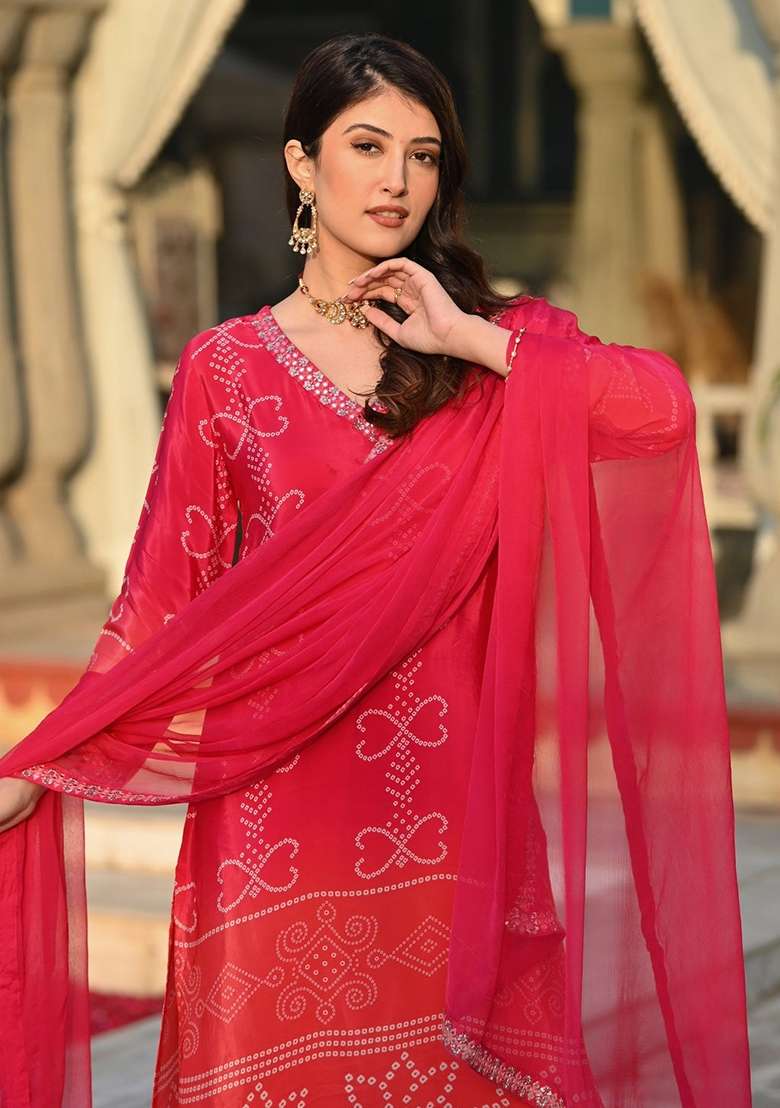 Peach Bandhani Chinon Straight Kurta Set - Indya