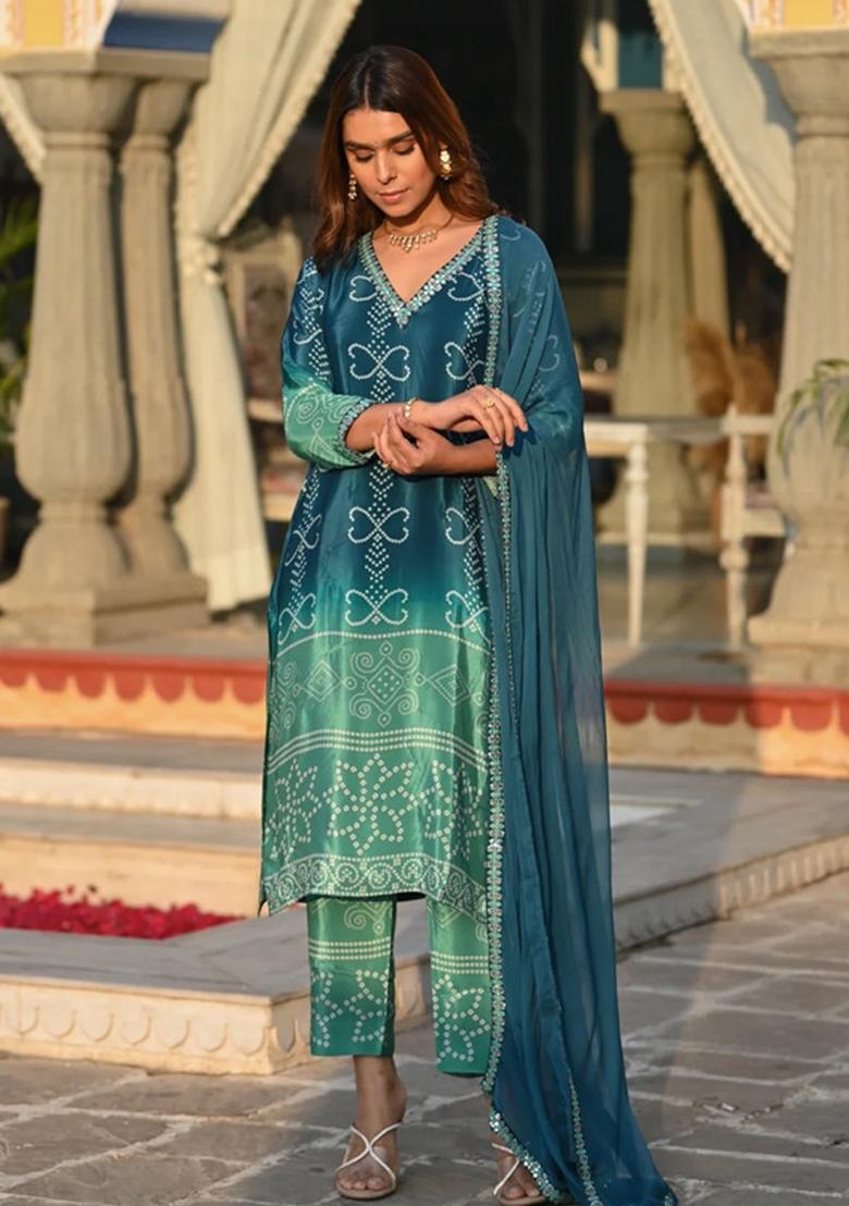 Green Chinon Embroidered Kurta Set