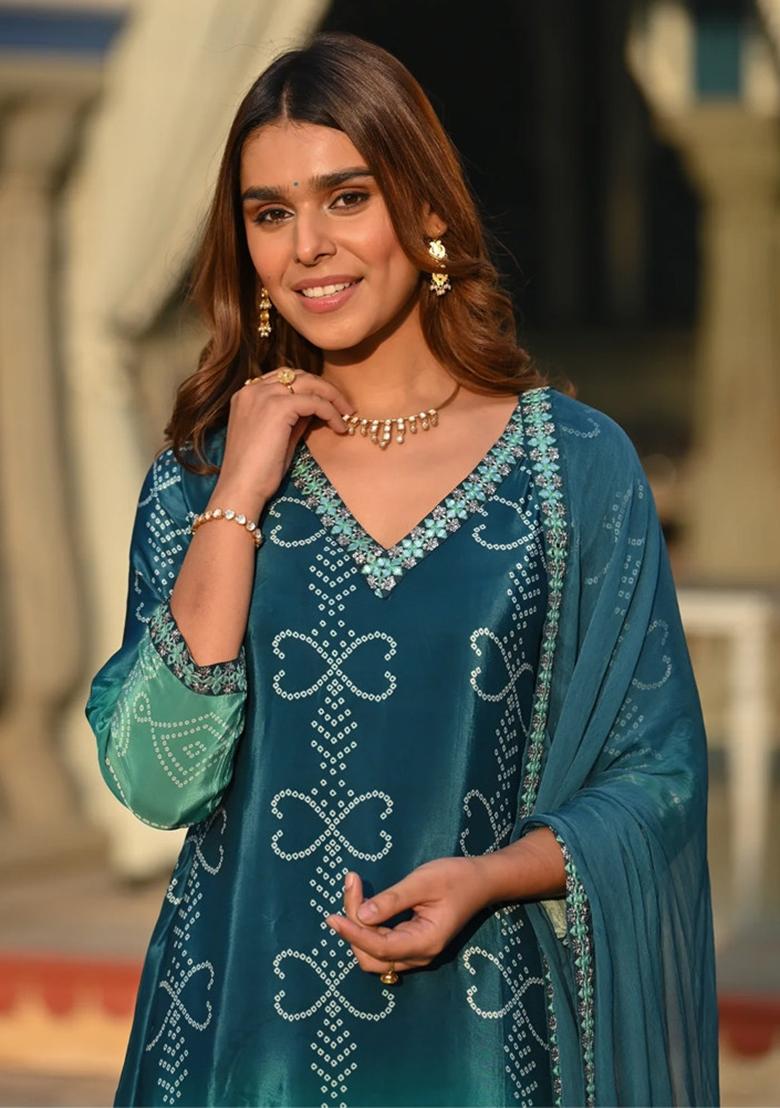 Green Chinon Embroidered Kurta Set