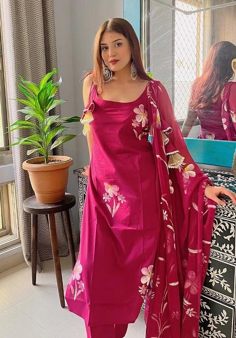 Maroon Georgette Embroidered Kurta Set