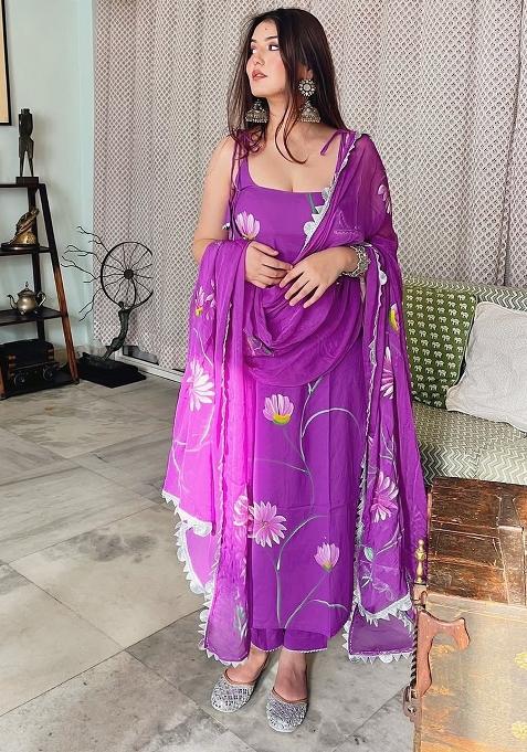 Purple Georgette Embroidered Kurta Set