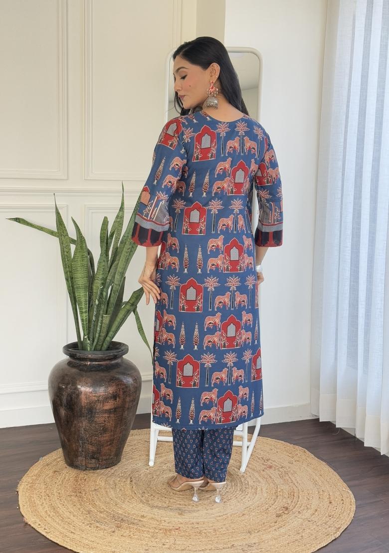 Blue Chanderi Cotton Embroidered Kurta Set