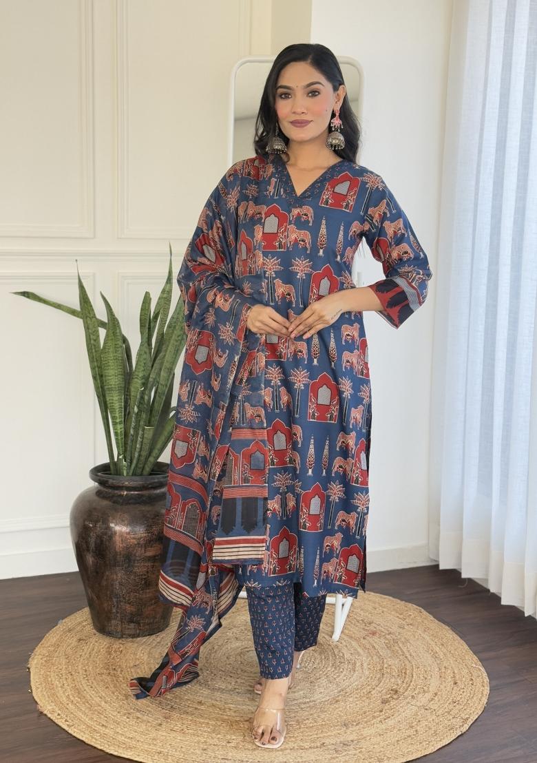 Blue Chanderi Cotton Embroidered Kurta Set