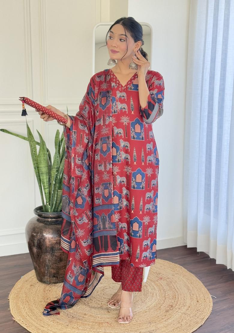 Red Chanderi Cotton Embroidered Kurta Set