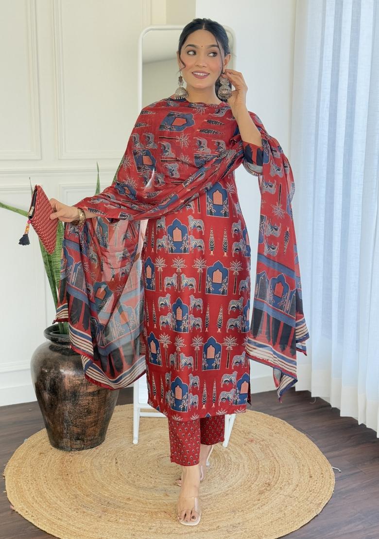 Red Chanderi Cotton Embroidered Kurta Set