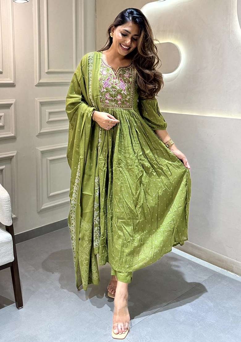 Green Embroidered Cotton Anarkali Set - Indya