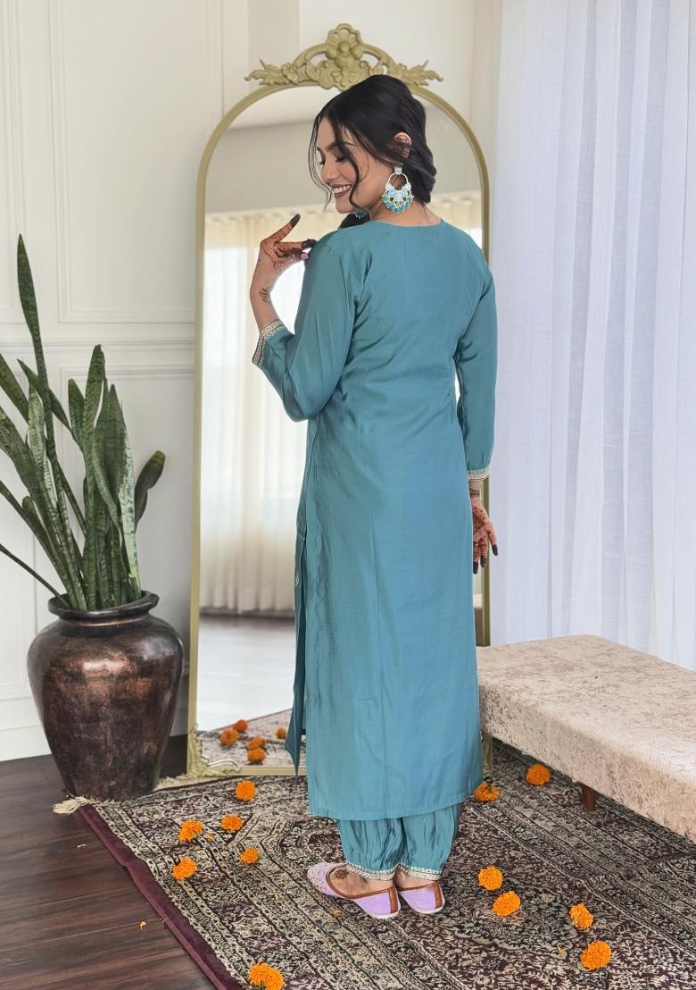 Blue Chanderi Viscose Embroidered Kurta Set