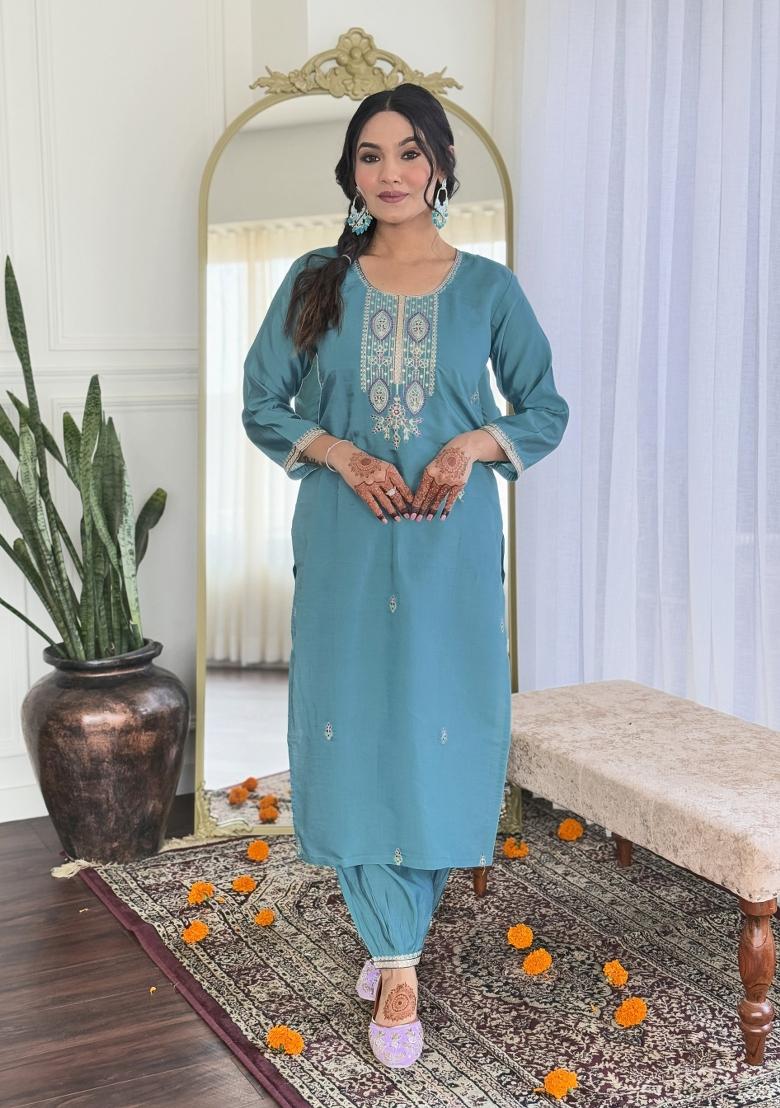 Blue Chanderi Viscose Embroidered Kurta Set