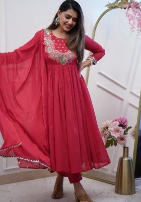 Maroon Chanderi Cotton Embroidered Kurta Set