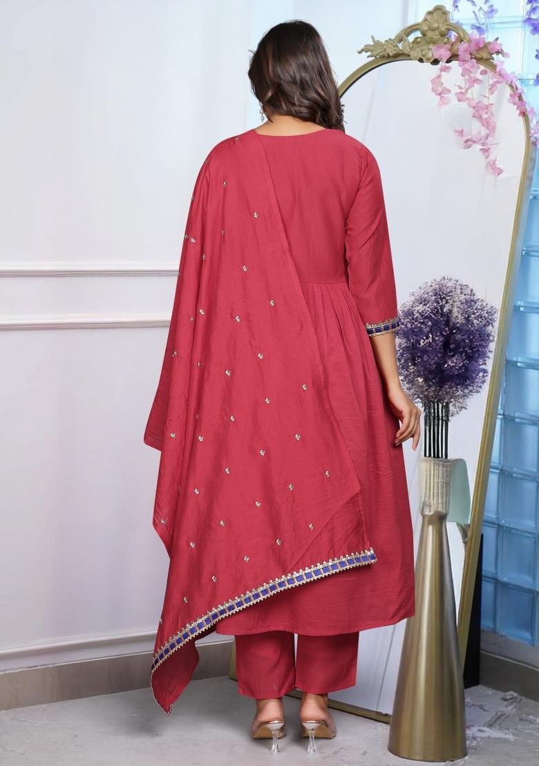 Maroon Chanderi Cotton Embroidered Kurta Set