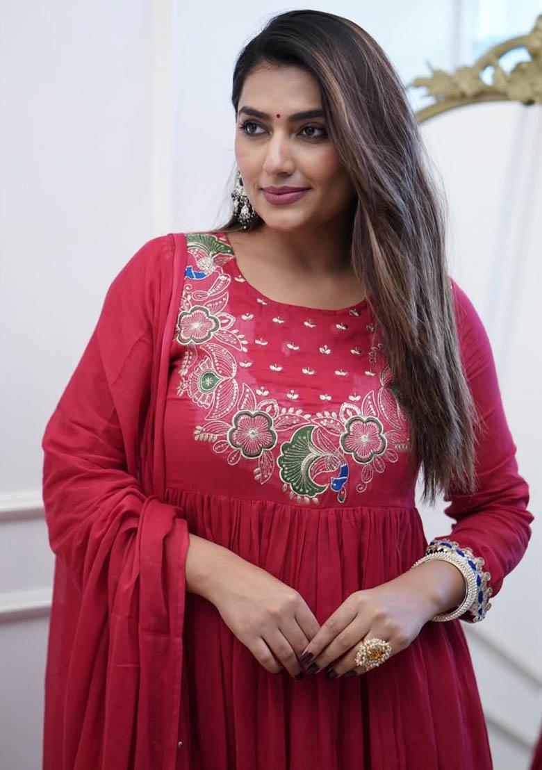 Maroon Chanderi Cotton Embroidered Kurta Set