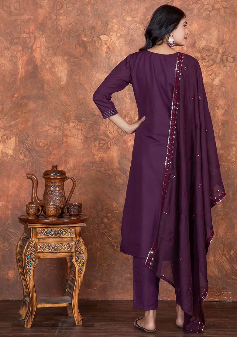 Purple Chanderi Cotton Embroidered Kurta Set - Indya