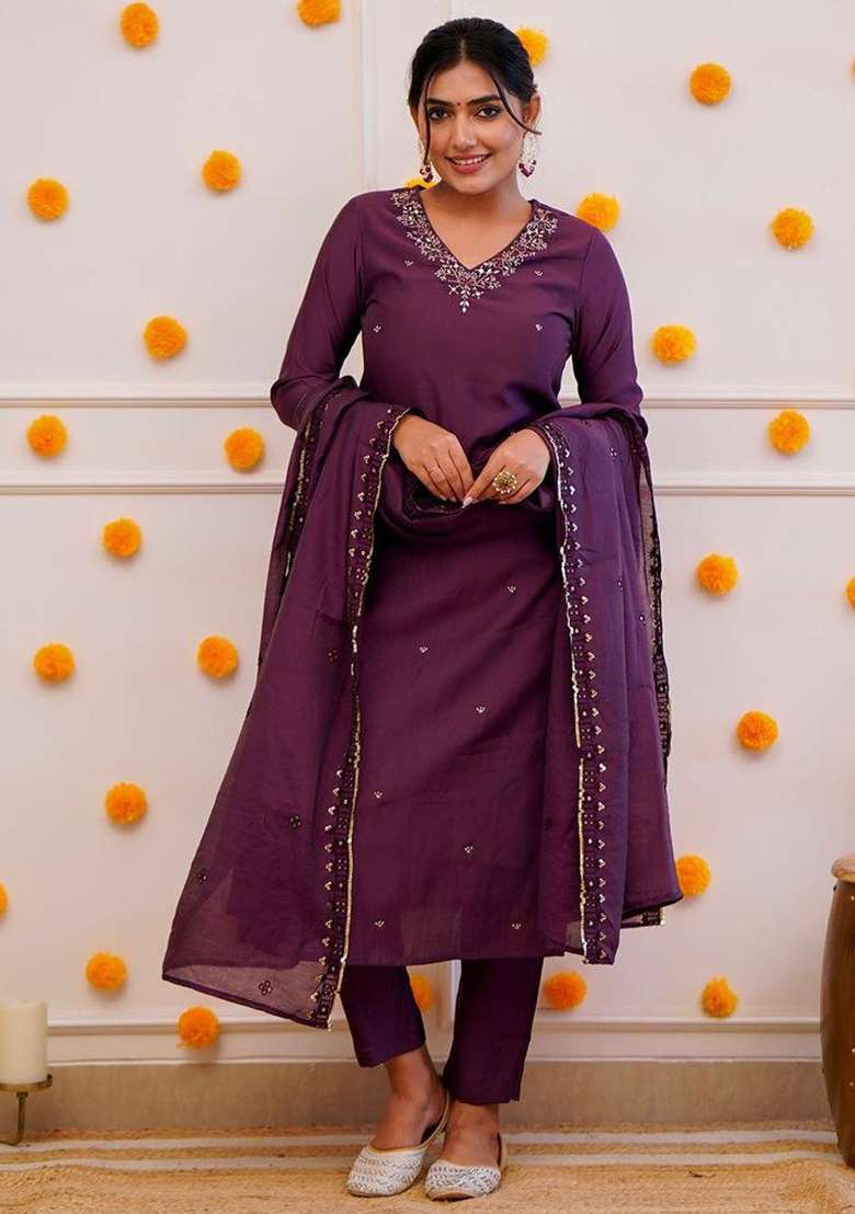 Purple Chanderi Cotton Embroidered Kurta Set - Indya