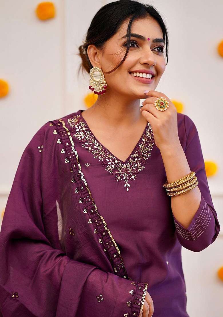 Purple Chanderi Cotton Embroidered Kurta Set - Indya