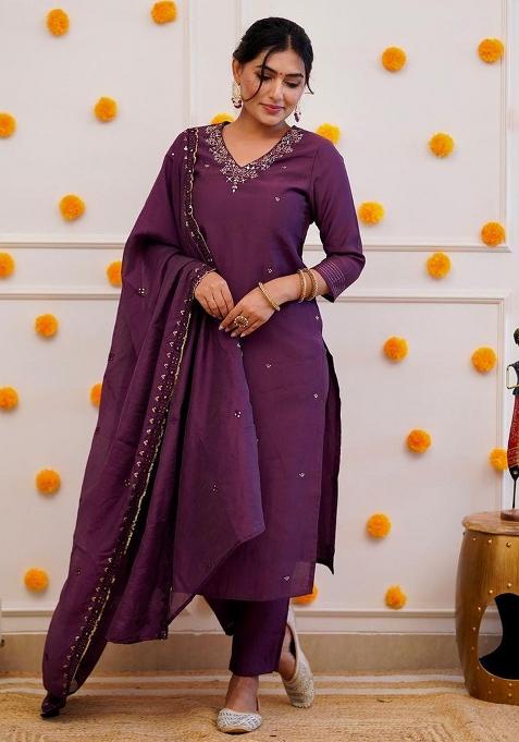 Purple Chanderi Cotton Embroidered Kurta Set