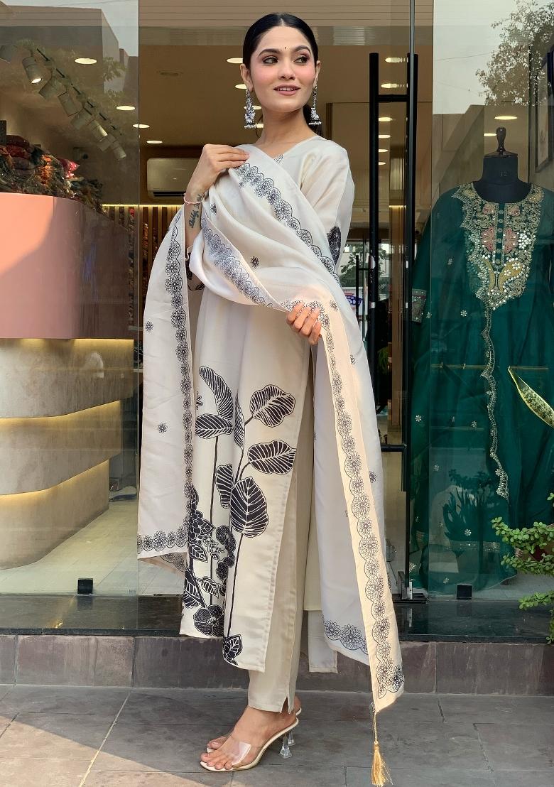 White Chinon Printed Kurta Set