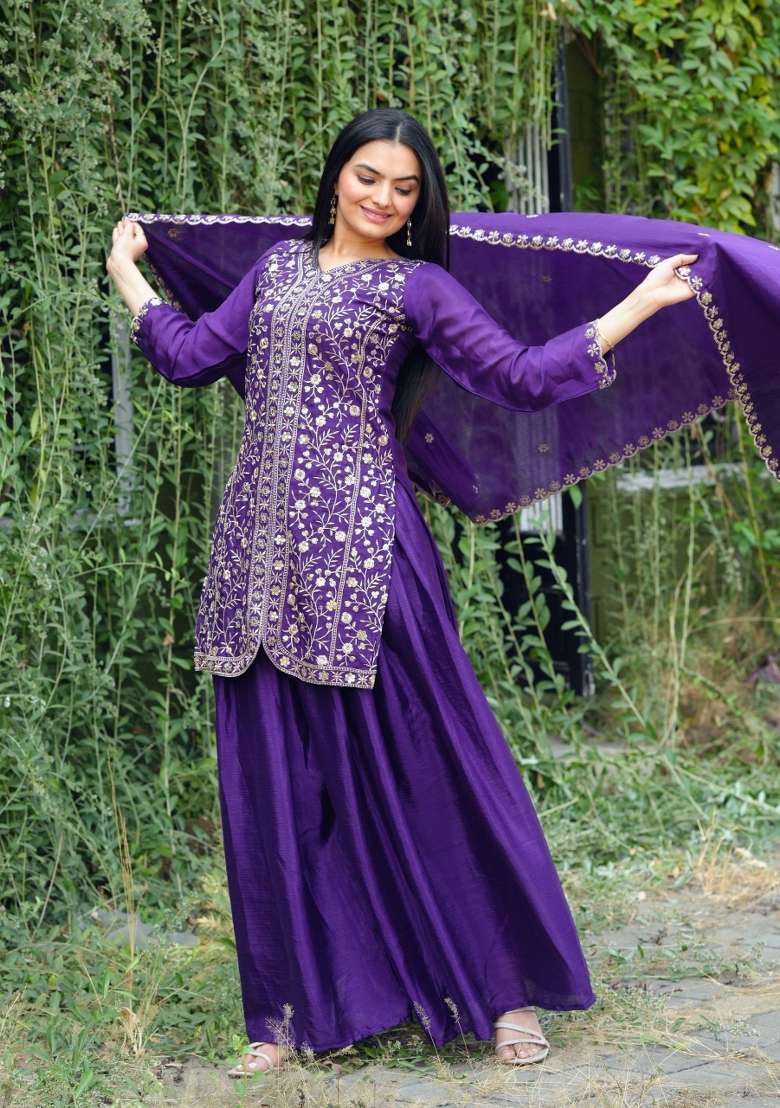 Purple Embroidered Chinon Sharara Set - Indya