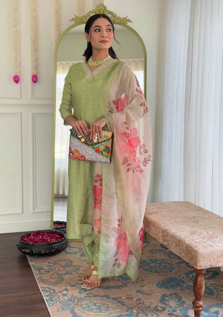 Green Rayon Embroidered Kurta Set - Indya