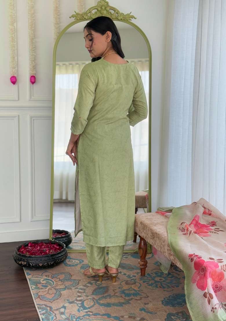 Green Rayon Embroidered Kurta Set - Indya