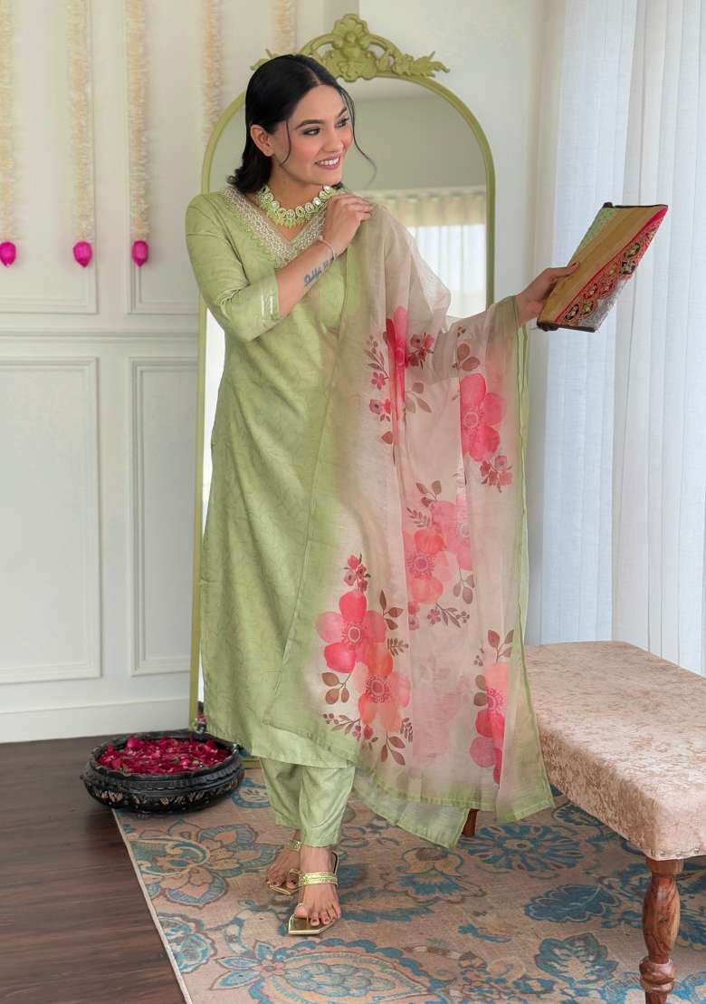 Green Rayon Embroidered Kurta Set - Indya
