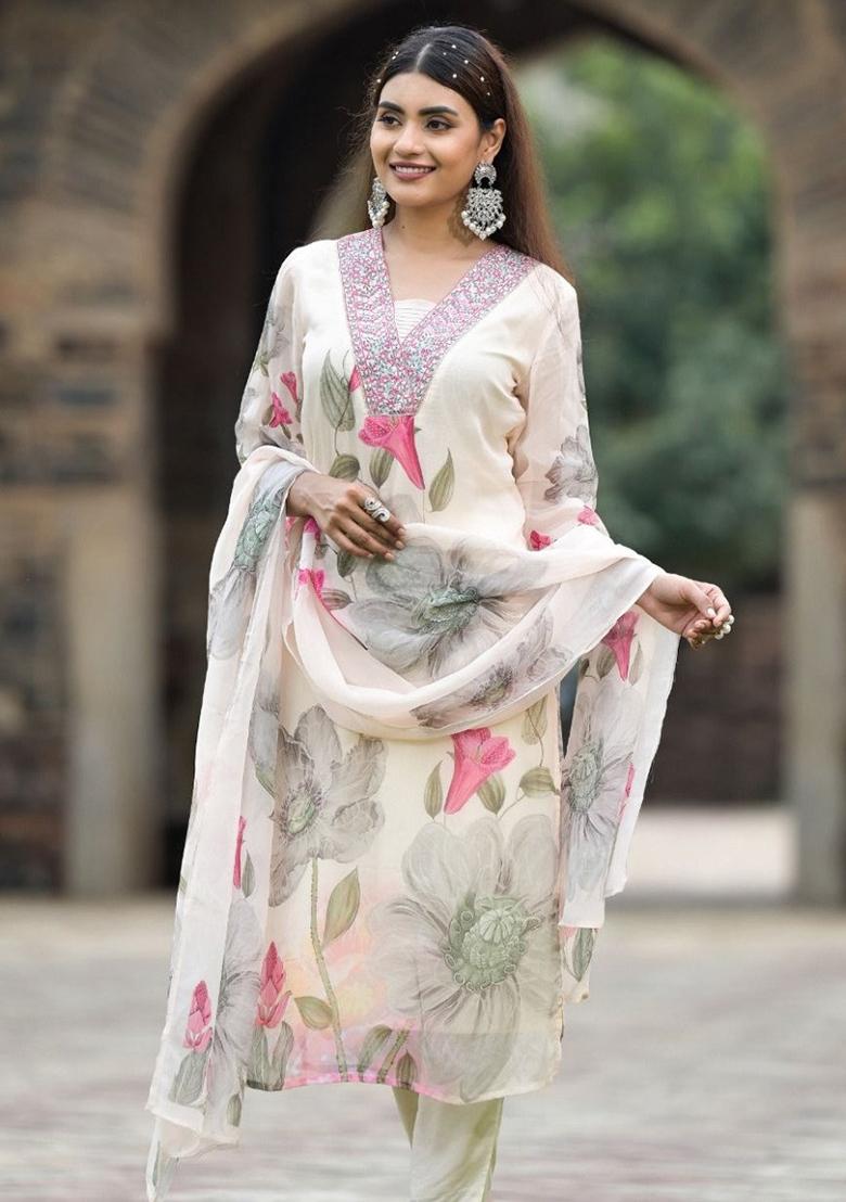 White Georgette Embroidered Kurta Set