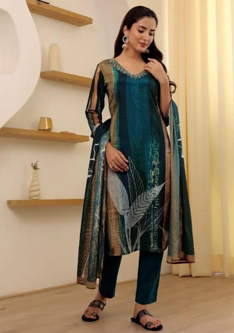 Green Chanderi Cotton Embroidered Kurta Set