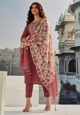 Brown Chanderi Cotton Embroidered Kurta Set
