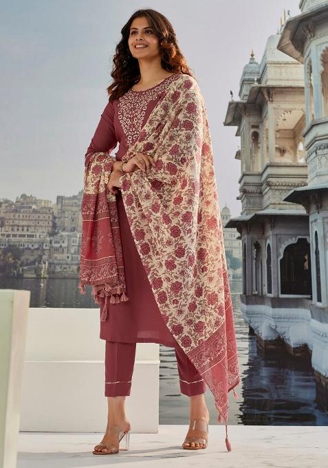 Brown Chanderi Cotton Embroidered Kurta Set