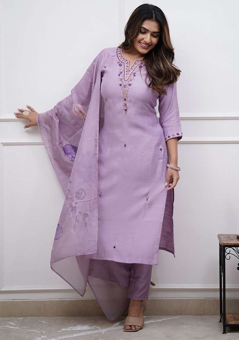 Purple Chanderi Cotton Embroidered Kurta Set - Indya