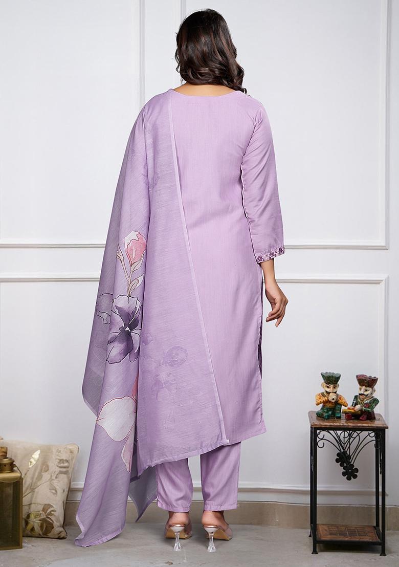Purple Chanderi Cotton Embroidered Kurta Set
