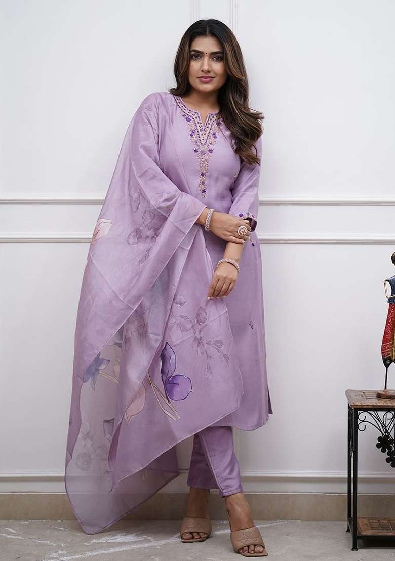 Purple Chanderi Cotton Embroidered Kurta Set - Indya