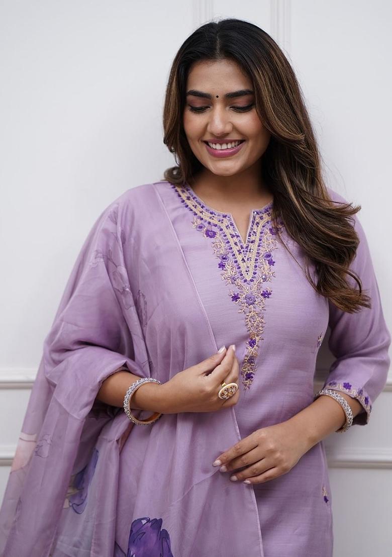 Purple Chanderi Cotton Embroidered Kurta Set