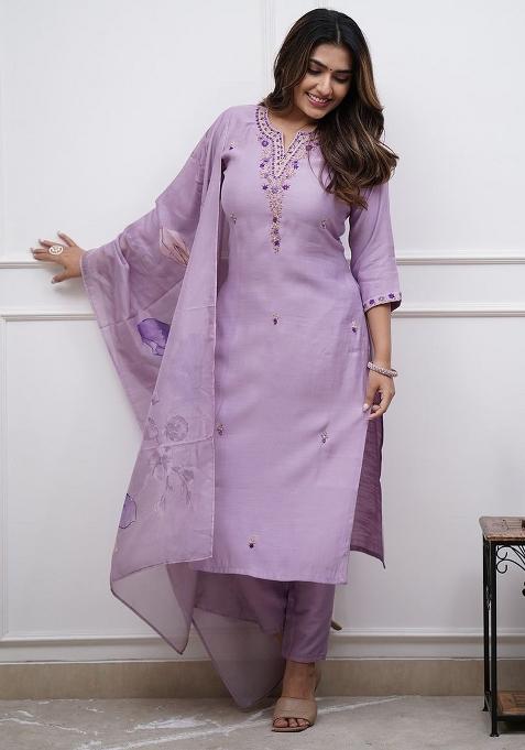 Purple Chanderi Cotton Embroidered Kurta Set