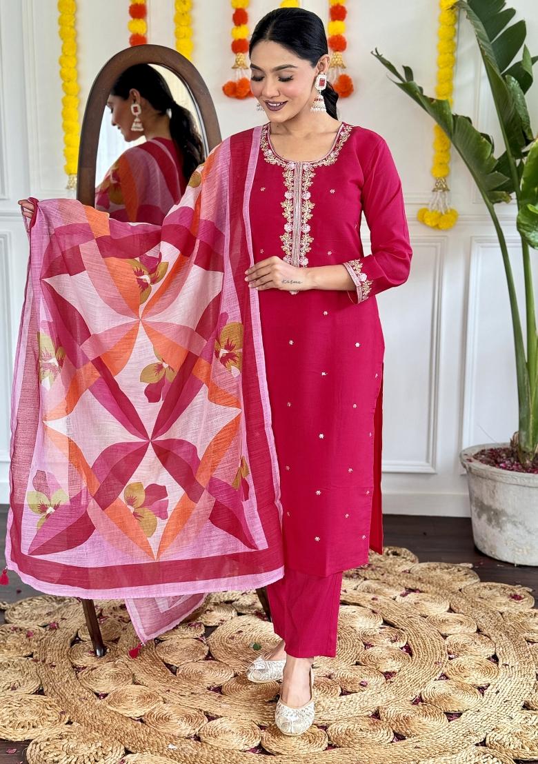 Pink Viscose Embroidered Kurta Set