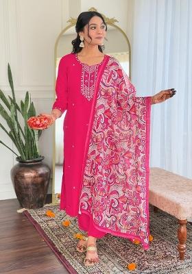 Pink Chanderi Cotton Embroidered Kurta Set