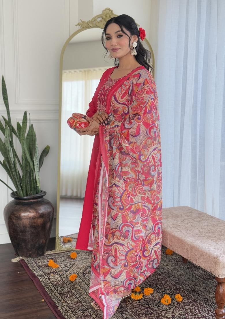 Pink Chanderi Cotton Embroidered Kurta Set