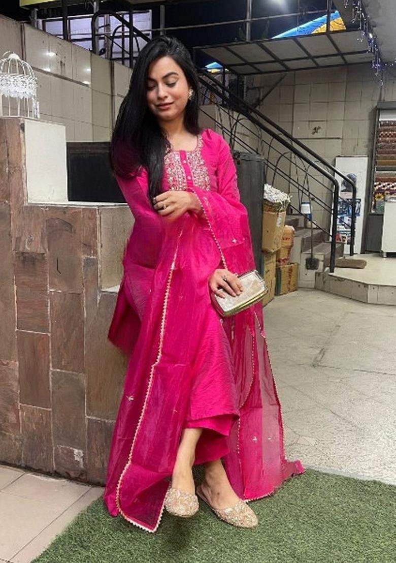 Pink Viscose Embroidered Kurta Set