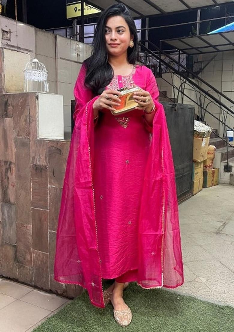 Pink Viscose Embroidered Kurta Set