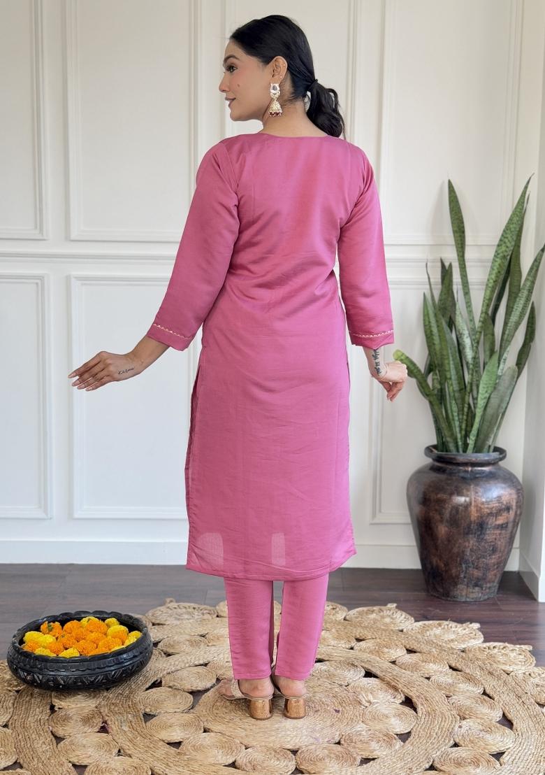 Pink Viscose Embroidered Kurta Set