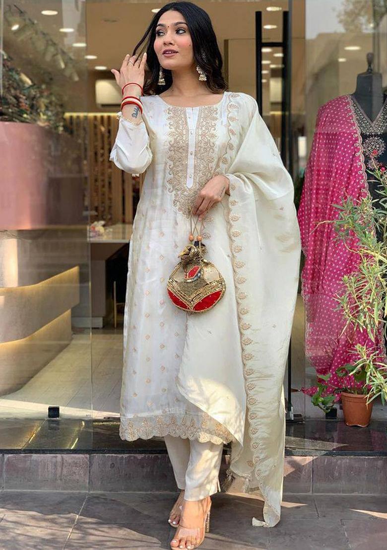 White Viscose Embroidered Kurta Set