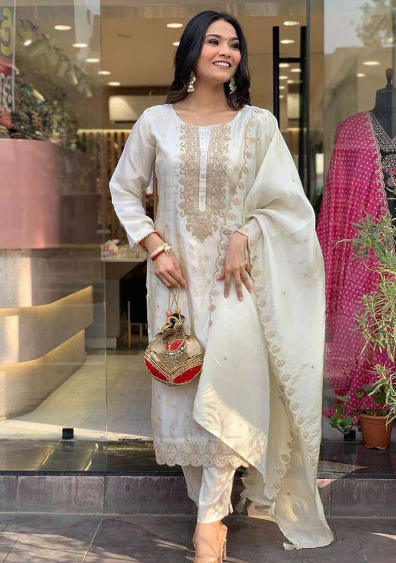 White Embroidered Viscose Straight Kurta Set - Indya