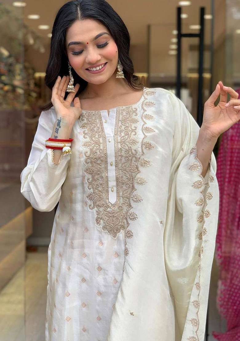 White Embroidered Viscose Straight Kurta Set - Indya
