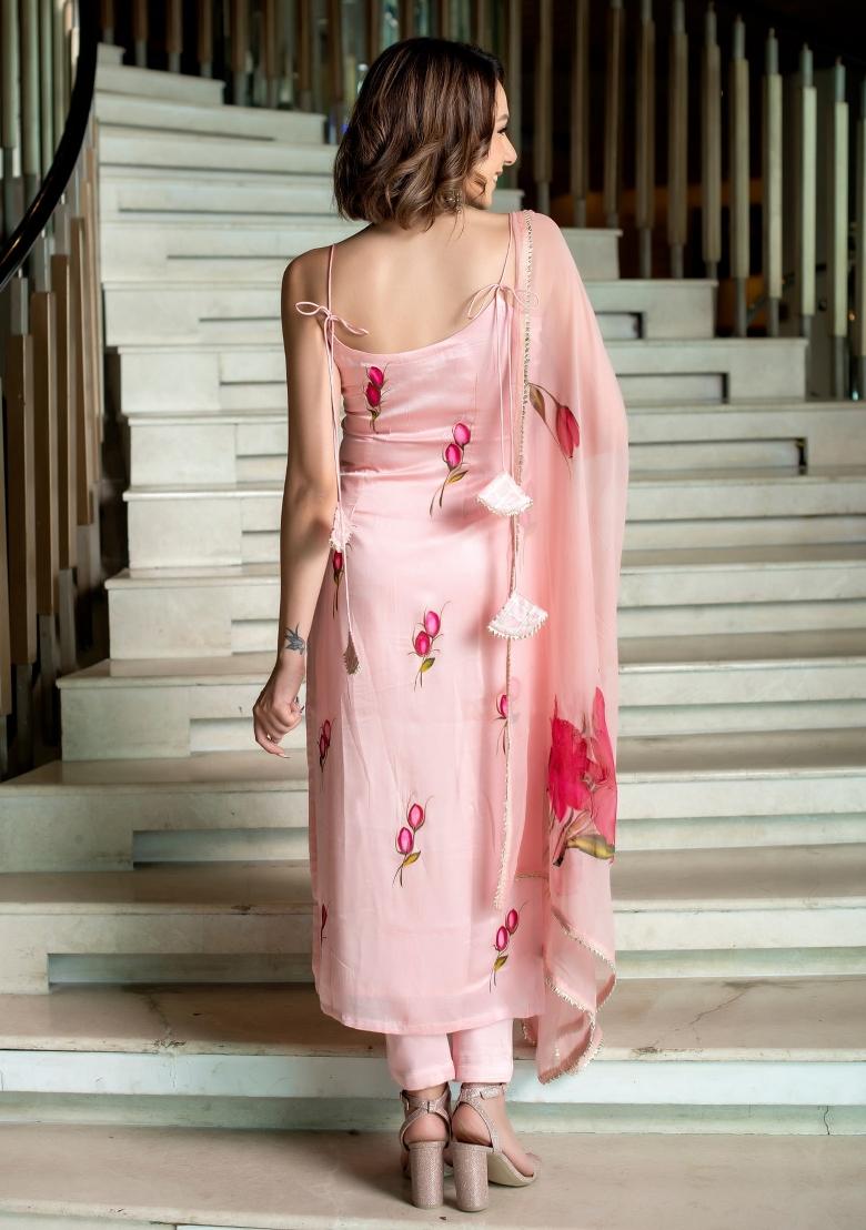 Pink Crepe Embroidered Kurta Set
