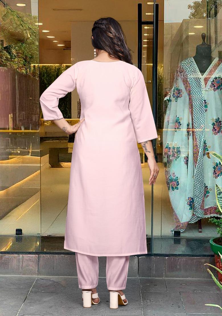Pink Viscose Embroidered Kurta Set