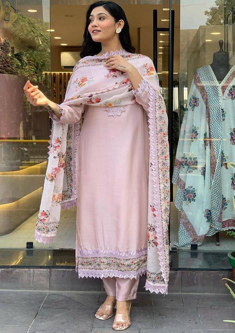Pink Viscose Embroidered Kurta Set