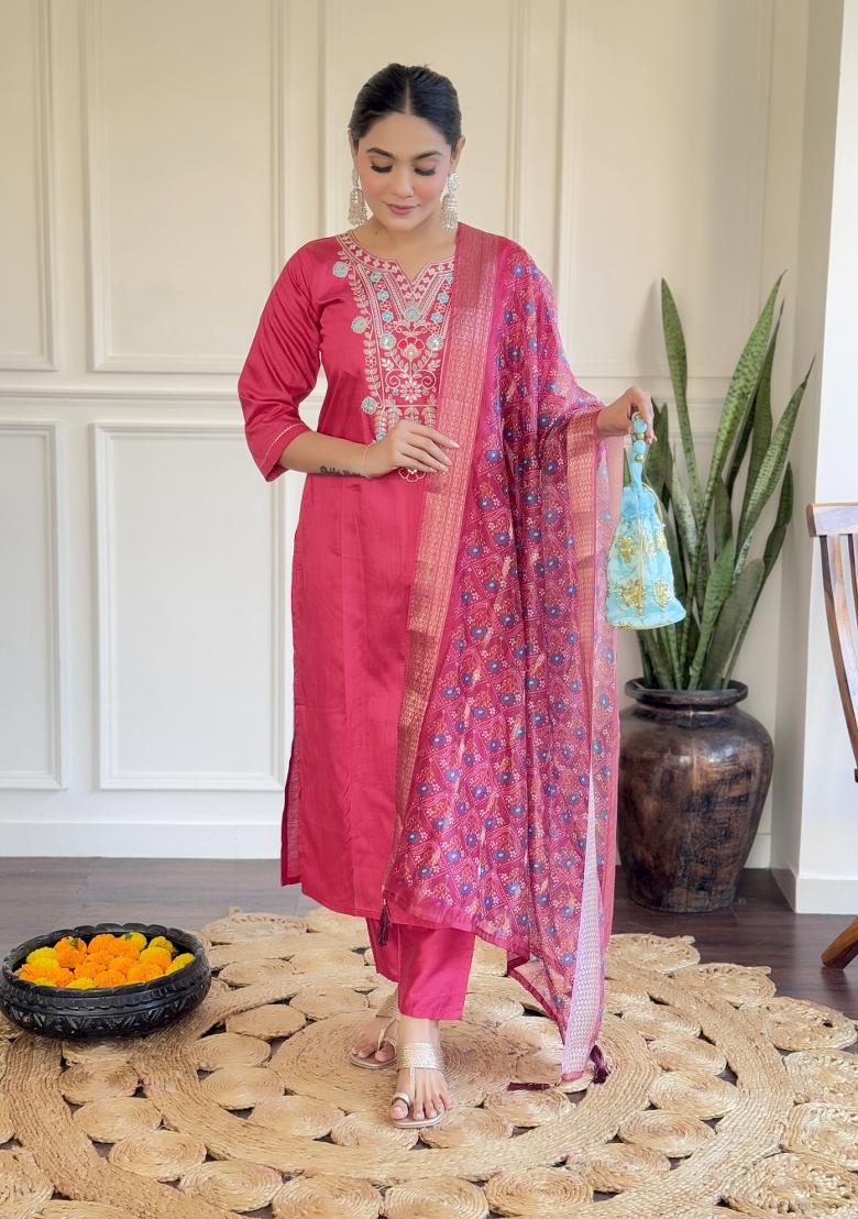 Pink Muslin Embroidered Kurta Set